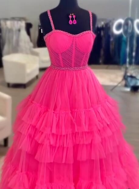 Straps Tulle Long Prom Dress with Beading and Ruffle Skirt