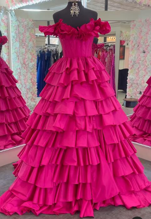 Taffeta Ruffle Off the Shoulder Long Prom Dresses