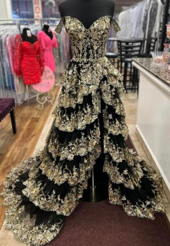 Tulle sequin A-Line Long Prom Dress with Ruffle Skirt