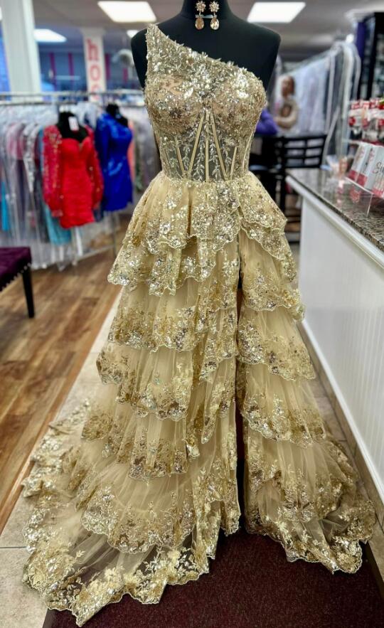 One Shoulder Tulle sequin A-Line Long Prom Dress with Ruffle Skirt