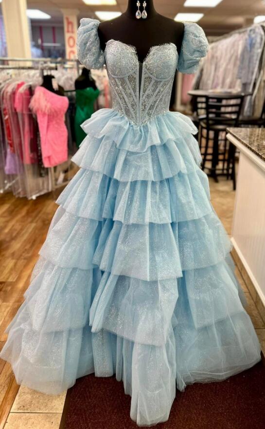 Sparkly Ball Gown Long Prom Dress with Ruffle Skirt