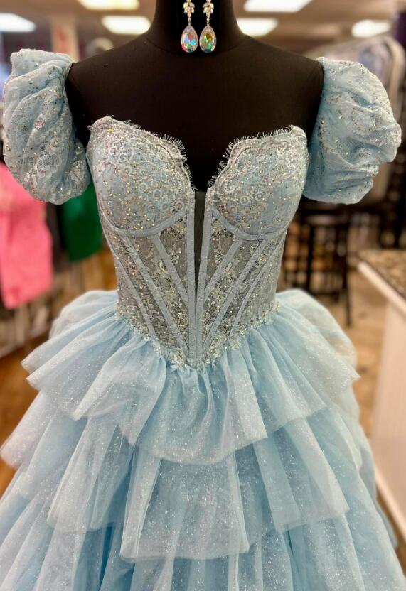 Sparkly Ball Gown Long Prom Dress with Ruffle Skirt