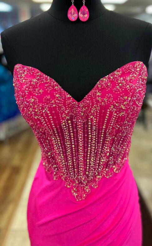 Strapless Long Prom Dresses with Beading Bodice and Skirt Slit