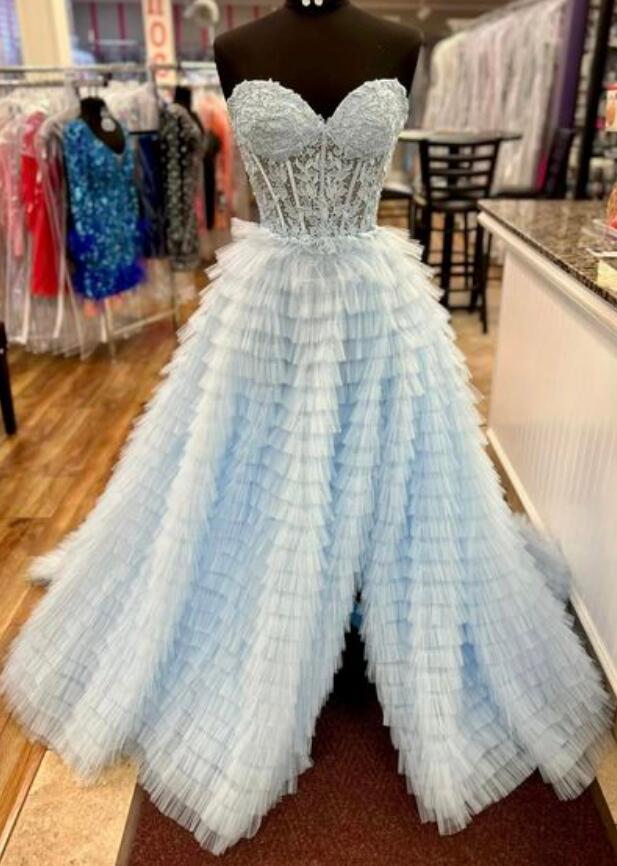 Strapless Long Prom Dresses with Leaf Lace Bodice and Ruffle Skirt