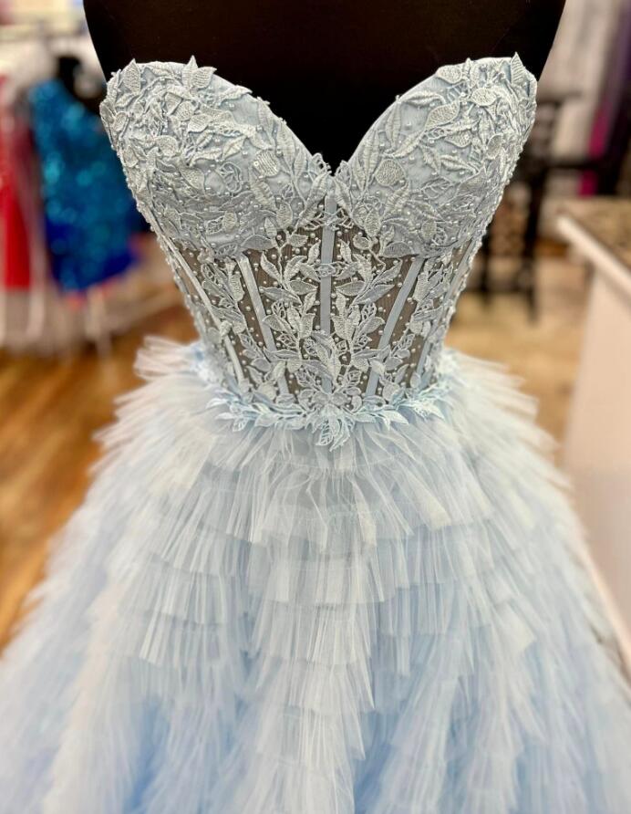 Strapless Long Prom Dresses with Leaf Lace Bodice and Ruffle Skirt