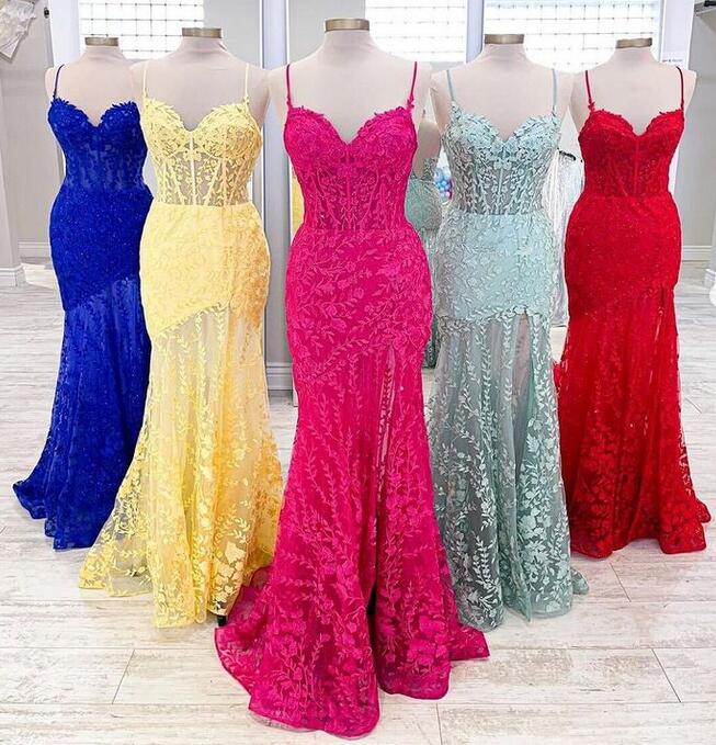 Straps Mermaid Tulle/Lace Long Prom Dress with Slit