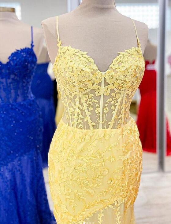 Straps Mermaid Tulle/Lace Long Prom Dress with Slit