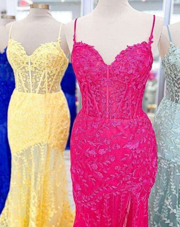 Straps Mermaid Tulle/Lace Long Prom Dress with Slit