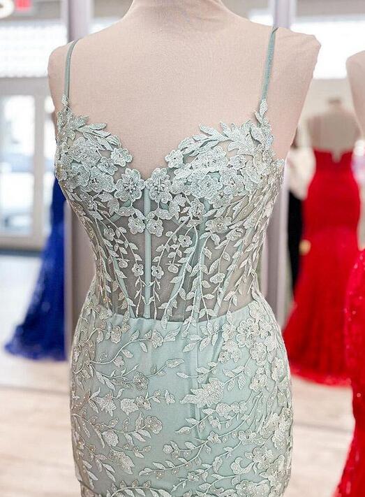 Straps Mermaid Tulle/Lace Long Prom Dress with Slit