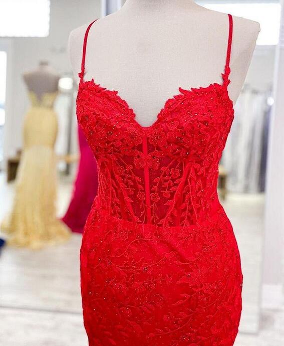 Straps Mermaid Tulle/Lace Long Prom Dress with Slit