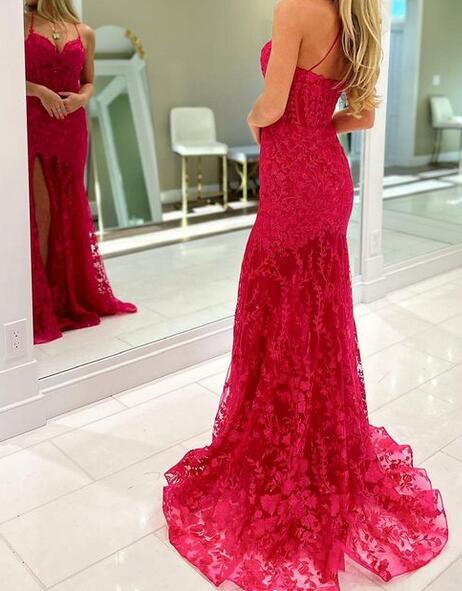 Straps Mermaid Tulle/Lace Long Prom Dress with Slit