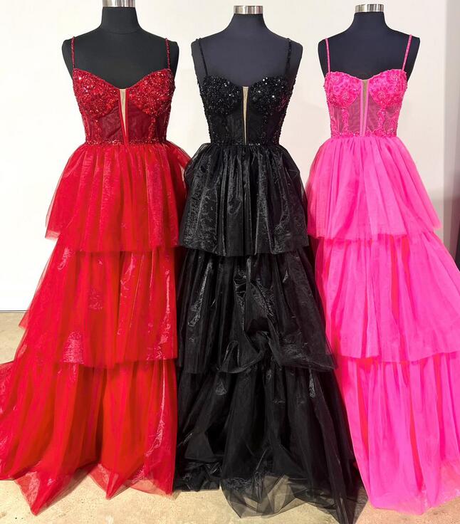 Straps Long Prom Dress with Lace Top and Ruffle Skirt