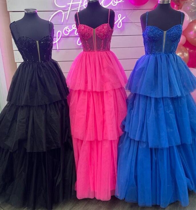 Straps Long Prom Dress with Lace Top and Ruffle Skirt