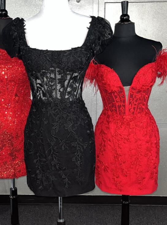 Leaf Lace Fitted Homecoming Dress with Short Sleeves