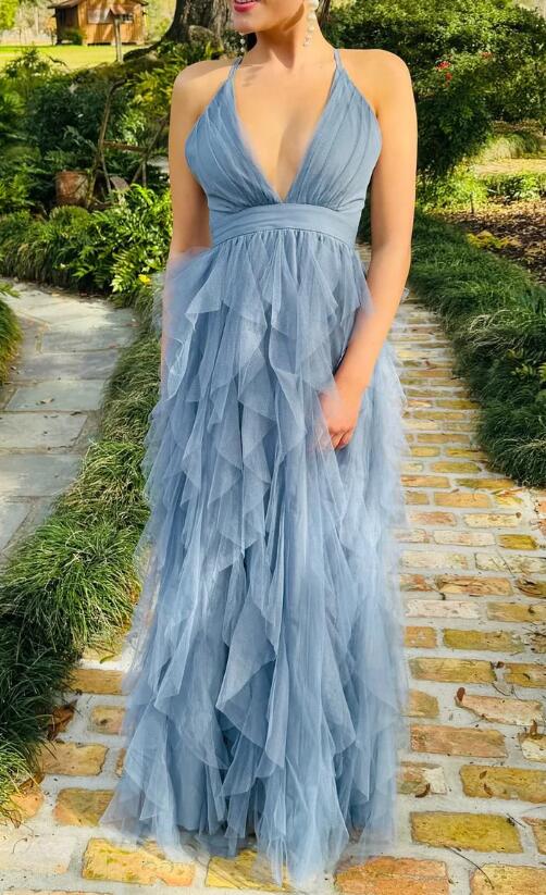 Ruffled Long A-Line Tulle Prom Dress