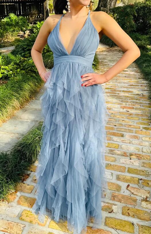 Ruffled Long A-Line Tulle Prom Dress