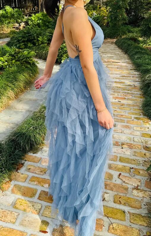 Ruffled Long A-Line Tulle Prom Dress