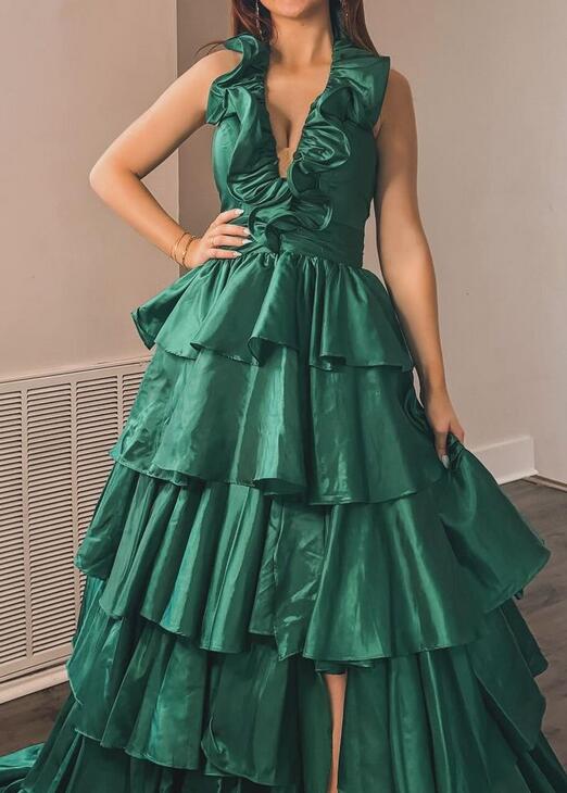 Halter Neck Long Prom Dresses with Ruffle Skirt