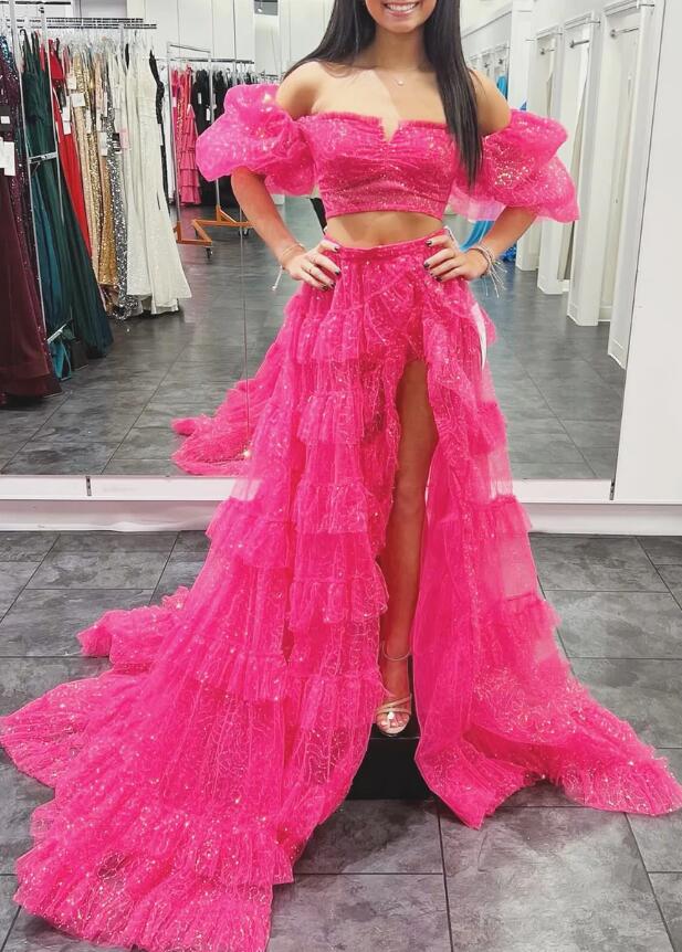 Two-piece Sequin Tulle Long Prom Dress with Balloon Sleeves and Ruffle – DressesTailor Two-piece Sequin Tulle Long Prom Dress with Balloon Sleeves and Ruffle – DressesTailor
