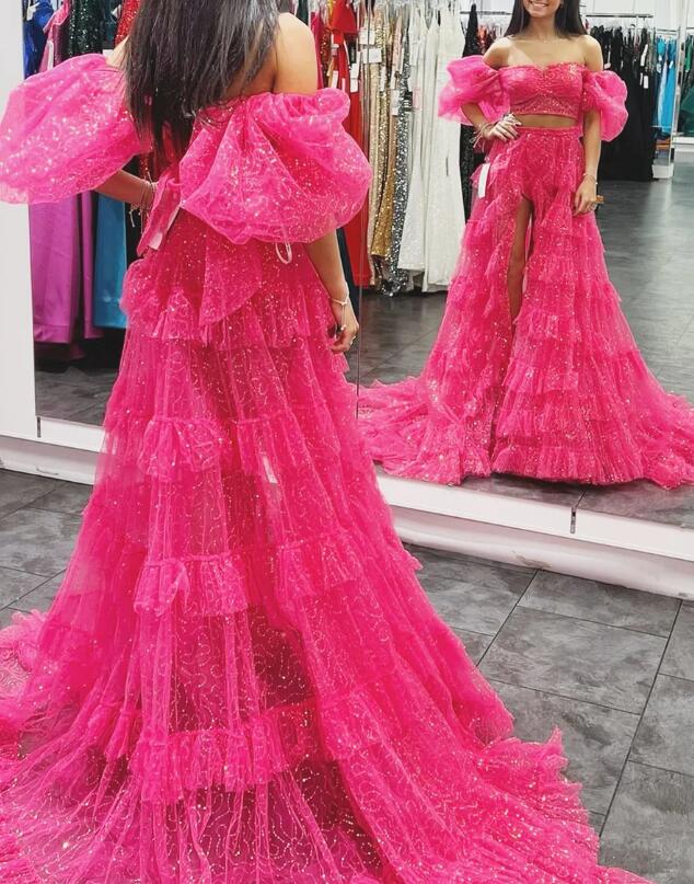 Two-piece Sequin Tulle Long Prom Dress with Balloon Sleeves and Ruffle Skirt