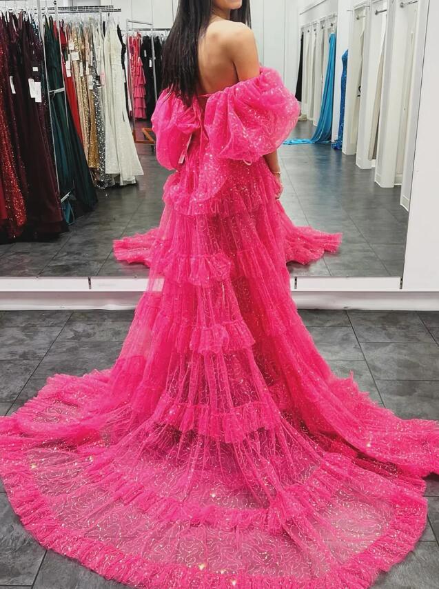 Two-piece Sequin Tulle Long Prom Dress with Balloon Sleeves and Ruffle Skirt