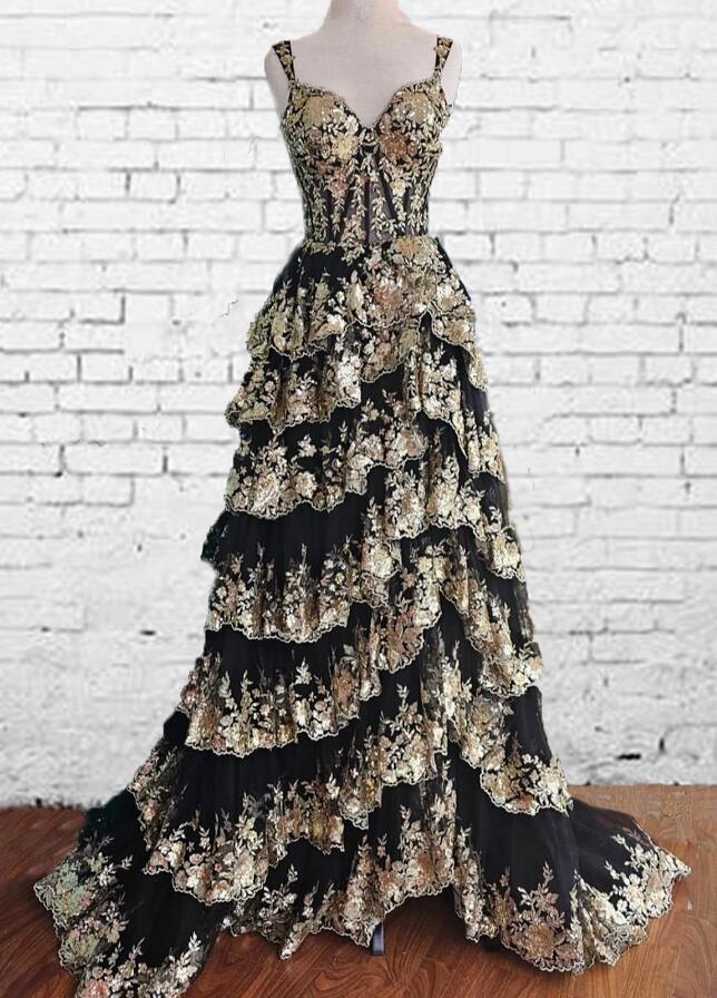 Tulle sequin A-Line Long Prom Dress with Ruffle Skirt