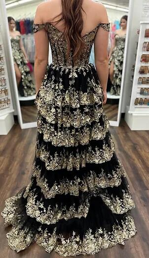 Tulle sequin A-Line Long Prom Dress with Ruffle Skirt