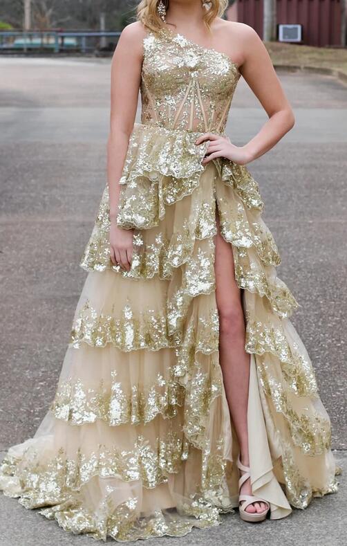 One Shoulder Tulle sequin A-Line Long Prom Dress with Ruffle Skirt