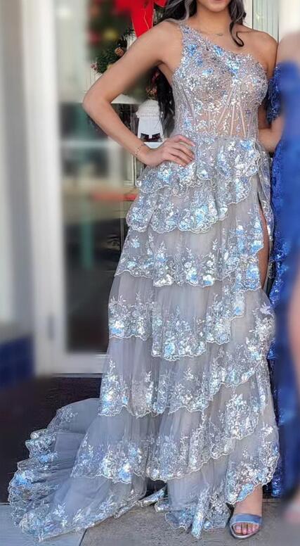One Shoulder Tulle sequin A-Line Long Prom Dress with Ruffle Skirt