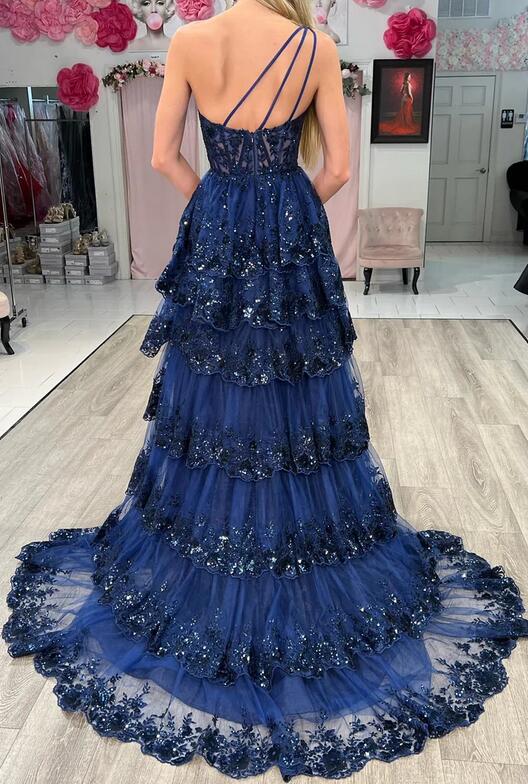 One Shoulder Tulle sequin A-Line Long Prom Dress with Ruffle Skirt