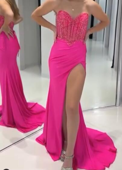 Strapless Long Prom Dresses with Beading Bodice and Skirt Slit