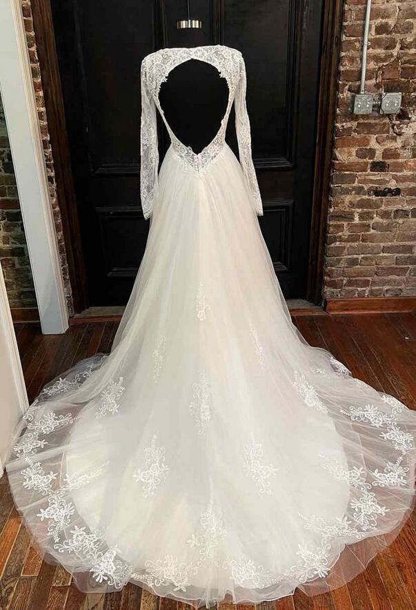 Open Back A-line Tulle/Lace Wedding Dress with Long Sleeves