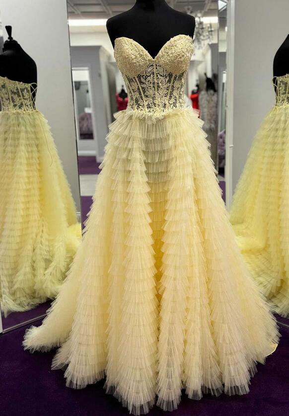 Strapless Long Prom Dresses with Leaf Lace Bodice and Ruffle Skirt