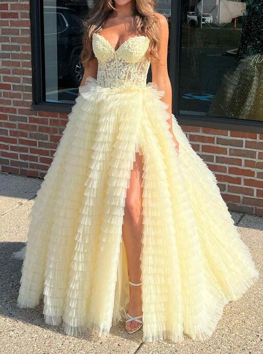 Strapless Long Prom Dresses with Leaf Lace Bodice and Ruffle Skirt