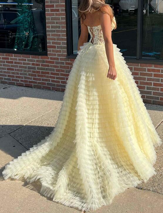 Strapless Long Prom Dresses with Leaf Lace Bodice and Ruffle Skirt