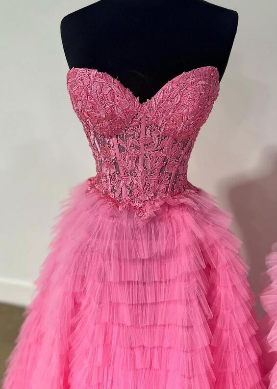 Strapless Long Prom Dresses with Leaf Lace Bodice and Ruffle Skirt