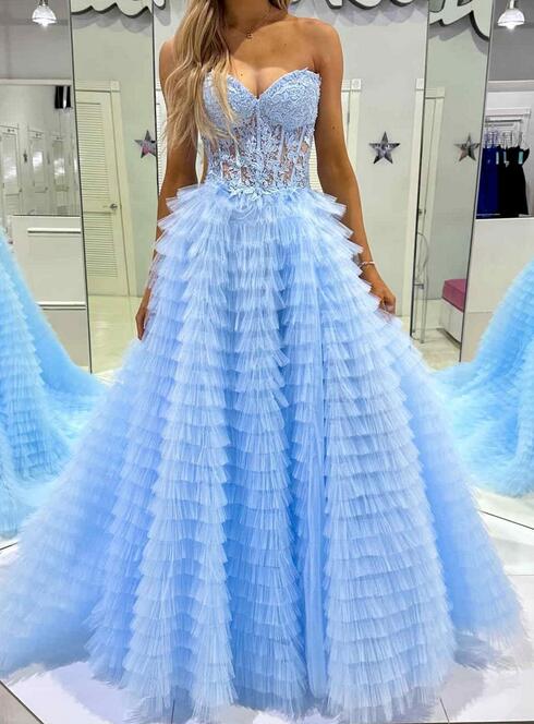 Strapless Long Prom Dresses with Leaf Lace Bodice and Ruffle Skirt