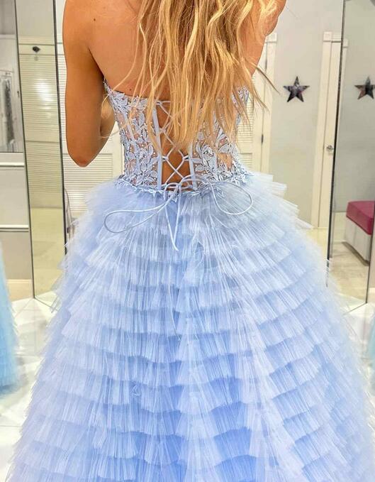 Strapless Long Prom Dresses with Leaf Lace Bodice and Ruffle Skirt