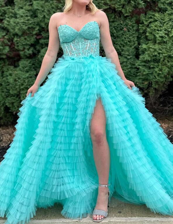 Strapless Long Prom Dresses with Leaf Lace Bodice and Ruffle Skirt