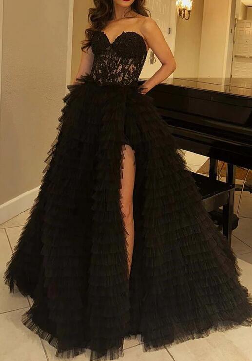 Strapless Long Prom Dresses with Leaf Lace Bodice and Ruffle Skirt