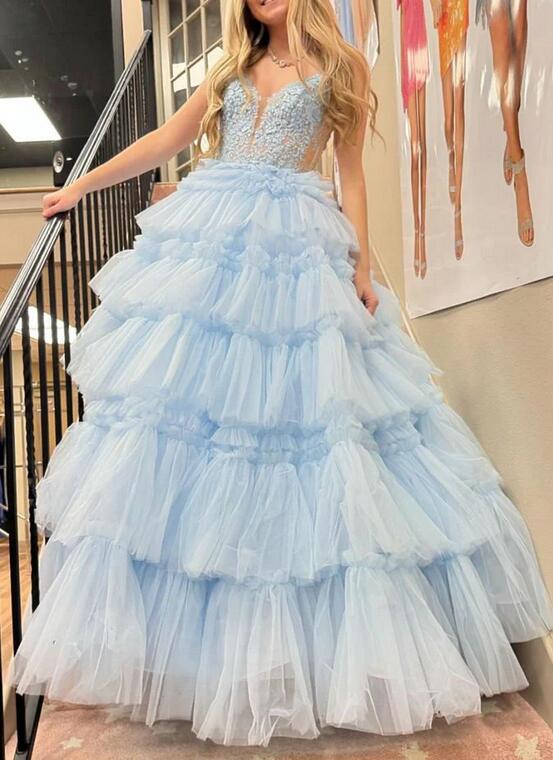 Straps Ball Gown Prom Dress with Lace Corset Bodice and Ruffle Skirt