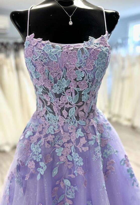 Straps Tulle/Lace Prom Dresses Long with Lace-up Back