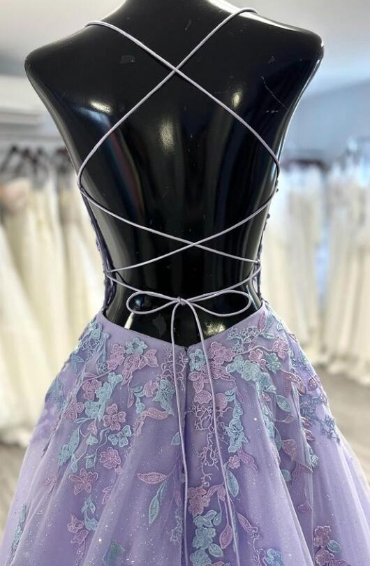 Straps Tulle/Lace Prom Dresses Long with Lace-up Back