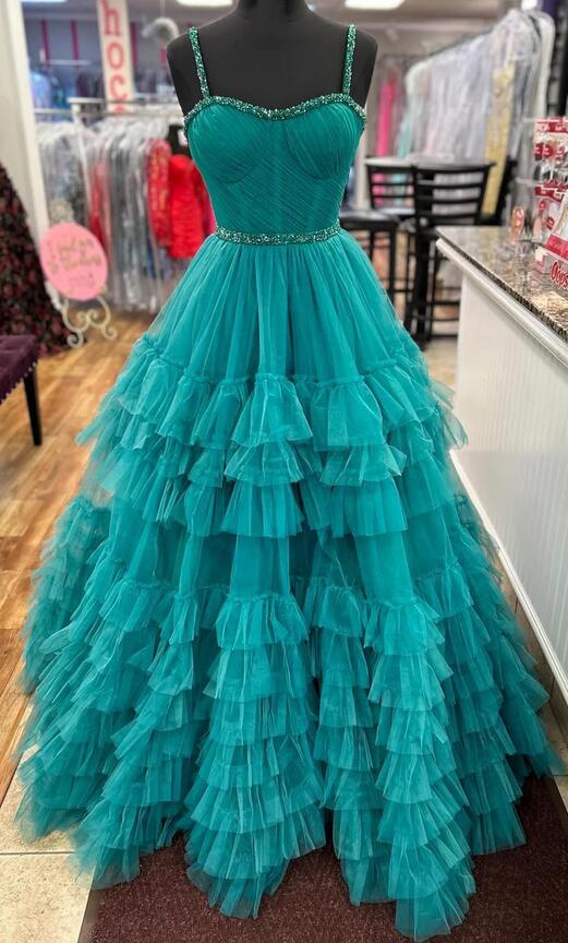 Straps Tulle Prom Dresses Long with Beading and Ruffle Skirt