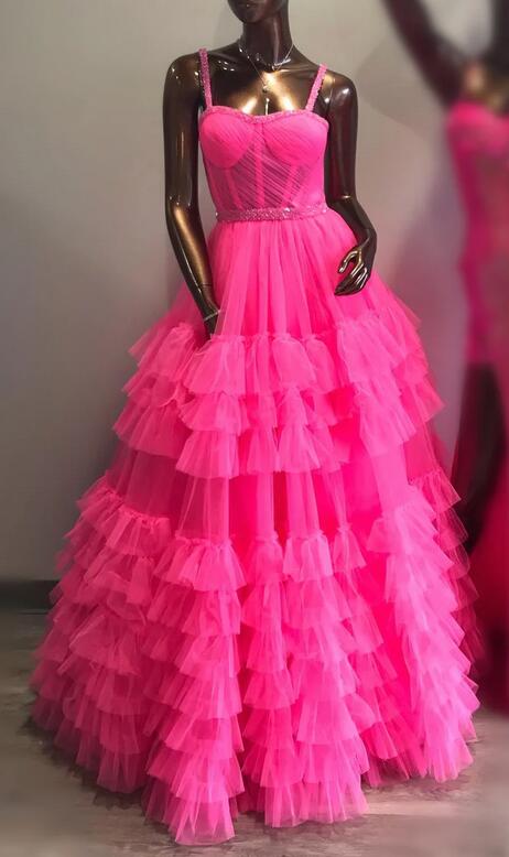 Straps Tulle Prom Dresses Long with Beading and Ruffle Skirt