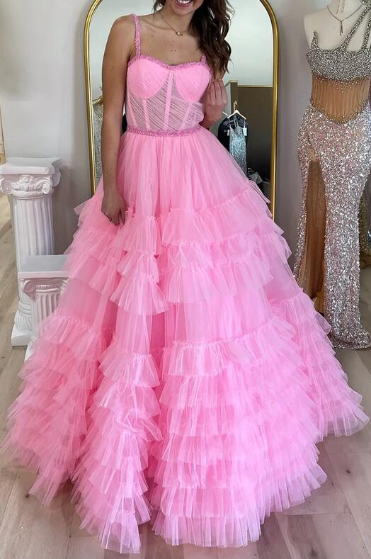 Straps Tulle Prom Dresses Long with Beading and Ruffle Skirt