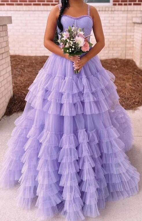 Straps Tulle Prom Dresses Long with Beading and Ruffle Skirt