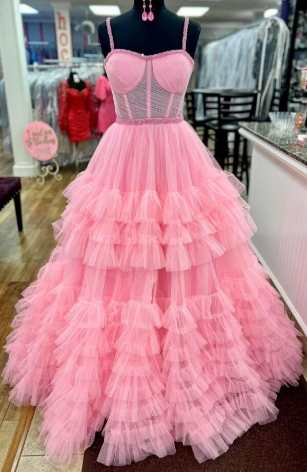 Straps Tulle Prom Dresses Long with Beading and Ruffle Skirt
