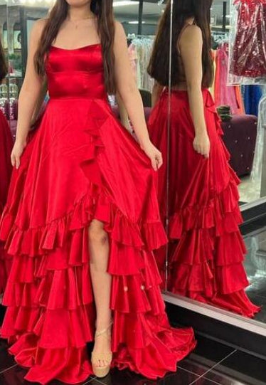 Straps Long Prom Dress with Ruffle and Slit Skirt