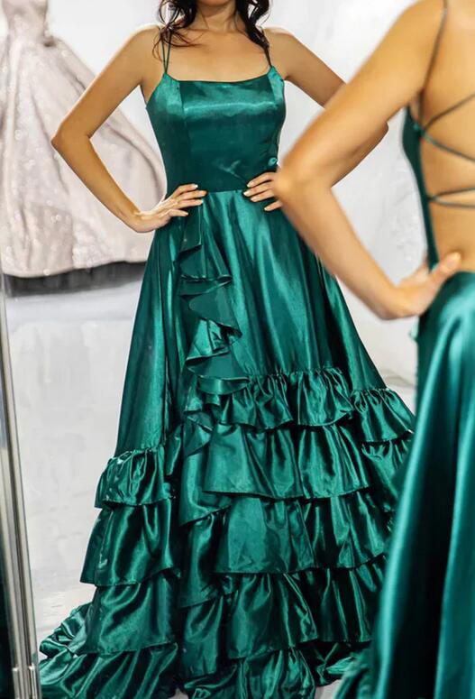 Straps Long Prom Dress with Ruffle and Slit Skirt